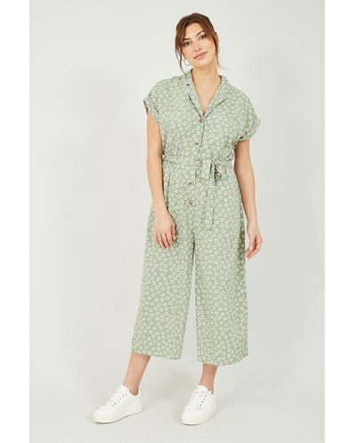Yumi' Green Daisy Print Jumpsuit