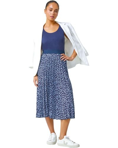 Roman Petite Pleated Ditsy Floral Midi Skirt - Blue