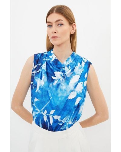 Karen Millen Pressed Floral Print Draped Jersey Crepe Bodysuit - Blue