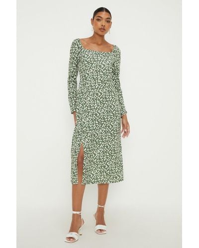 Dorothy Perkins Green Abstract Square Neck Long Sleeve Midi Dress
