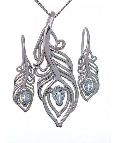 Ojewellery Aquamarine Peacock Feather Set Dangle Earrings Necklace - Blue