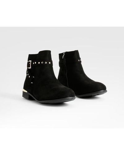 Boohoo Wide Fit Black Buckle Detail Patent Micro Ankle Boot