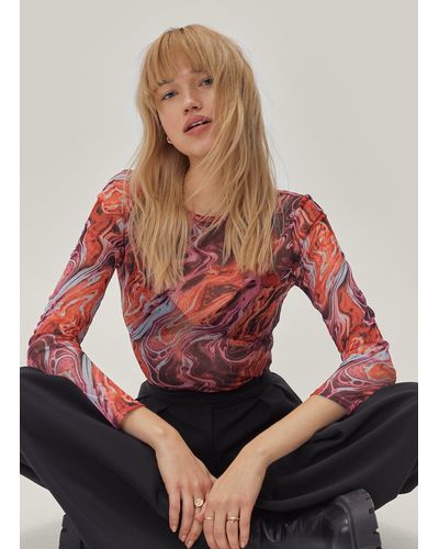 Nasty Gal Mesh Marble Crew Neck Top - Red