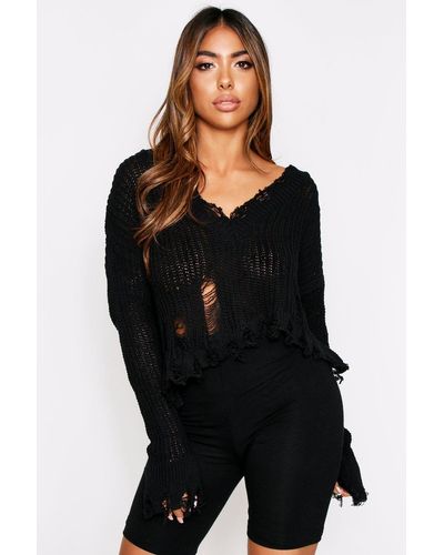 MissPap Distressed V Neck Jumper - Black