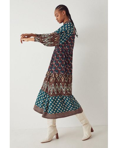 Warehouse Retro Print Mix Tiered Midi Dress - Multicolour