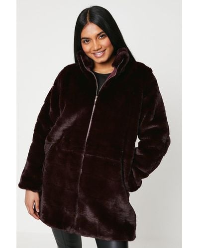 Dorothy Perkins Petite Longline Zip Through Faux Fur Coat - Black