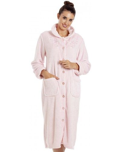 CAMILLE Classic Supersoft Fleece Button Up Housecoat - Pink