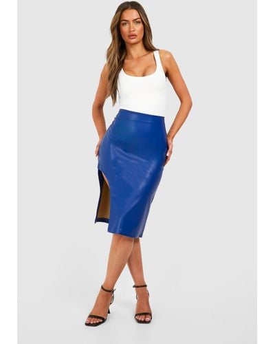 Boohoo Faux Leather Cut Out Detail Midi Skirt - Blue
