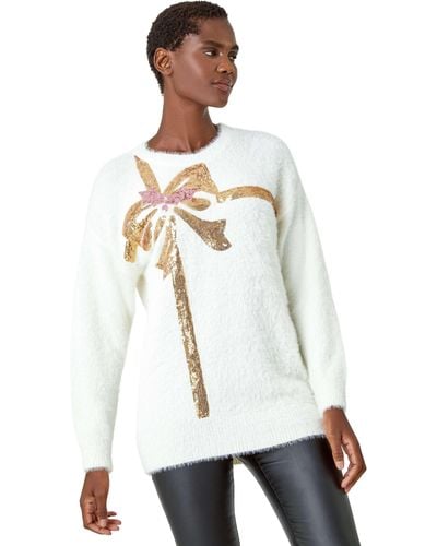 Roman Sequin Bow Fluffy Knit Stretch Jumper - White