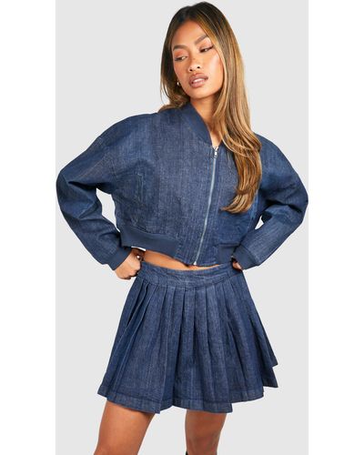 Boohoo Pleated Denim Mini Tennis Skirt - Blue