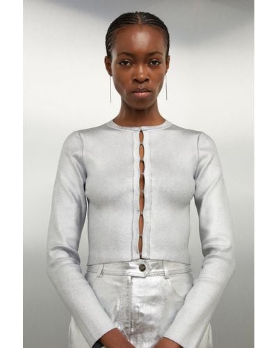 Karen Millen Premium Viscose Blend Body Contouring Foiled Knit Cardigan - Grey