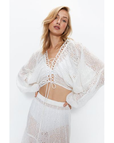 Warehouse Broderie Lace Trim Ruched Balloon Sleeve Beach Top - White