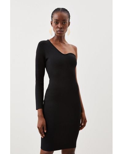 Karen Millen Viscose Blend Body Contouring One Shoulder Knit Pencil Dress - Black