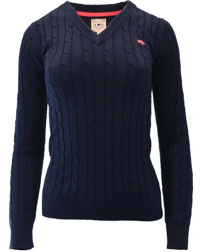 Raging Bull Classic Cable Knit V Neck Knit - Blue