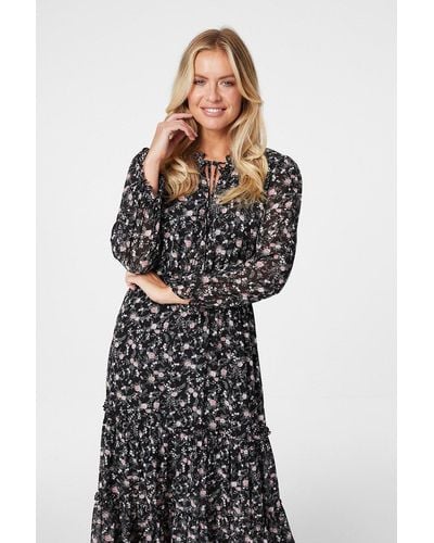 Izabel London Floral Long Sleeve Midi Dress - Black