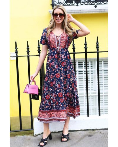 Tenki Short Sleeve Floral Tie Knot Boho Maxi Dress - Blue