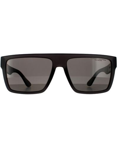 Tommy Hilfiger Rectangle Matte Grey Grey Polarized Sunglasses - Black