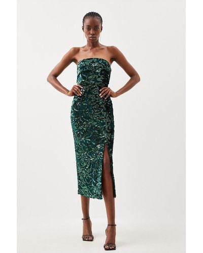 Karen Millen Petite Velvet Sequin Bandeau Woven Midi Dress - Green