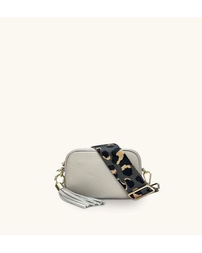 Apatchy London The Mini Tassel Light Grey Leather Phone Bag With Grey Leopard Strap