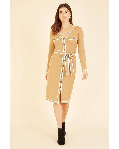 Yumi' Camel Knitted Shirt Dress With Contrast Border - Natural