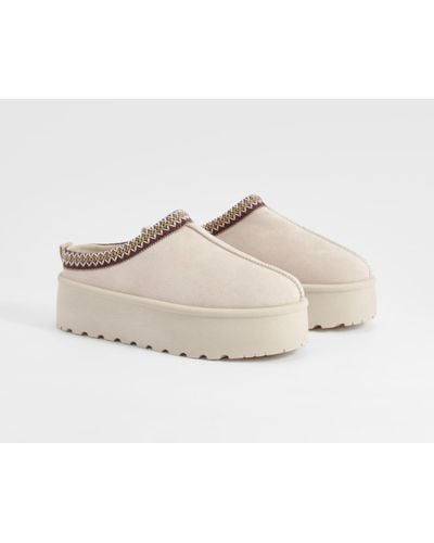 Boohoo Embroidered Platform Cosy Mules - Natural