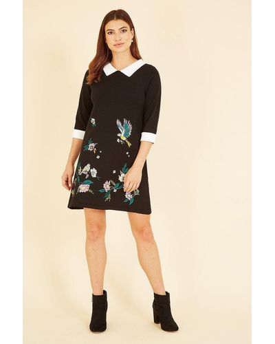 Yumi' Black Bird And Floral Embroidered Knitted Peter Pan Dress