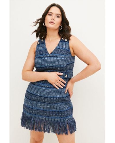 Karen Millen Plus Size Signature Italian Fringed Tweed Mini Dress - Blue