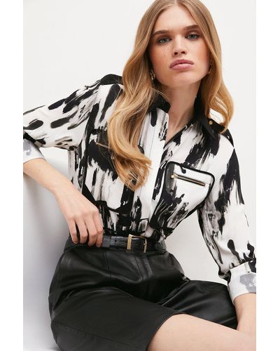 Karen Millen Abstract Viscose Crepe Zip Detail Shirt - Black
