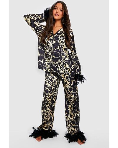 Boohoo Premium Chain Print Feather Pyjama Trouser Set - Black