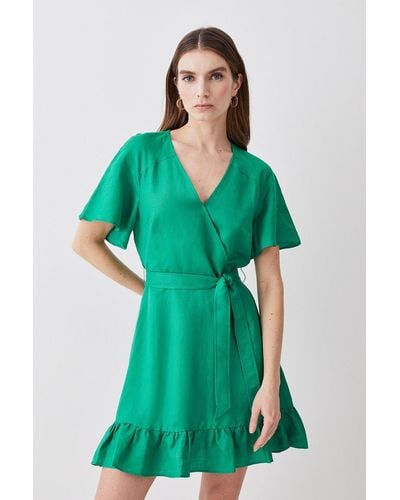 Karen Millen Linen Angel Sleeve Wrap Front Dress - Green