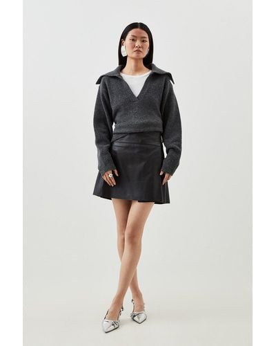 Karen Millen Leather Pleated Kilt Mini Skirt - Black