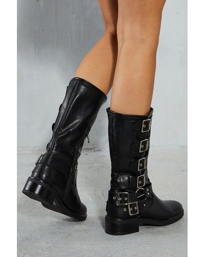 MissPap Leather Look Buckle Down Boots - Black