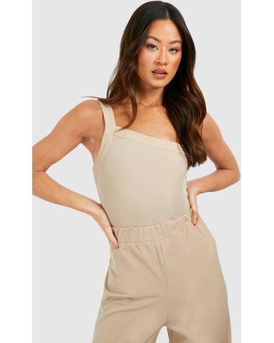 Boohoo Tall Ribbed One Shoulder One Piece - Natural