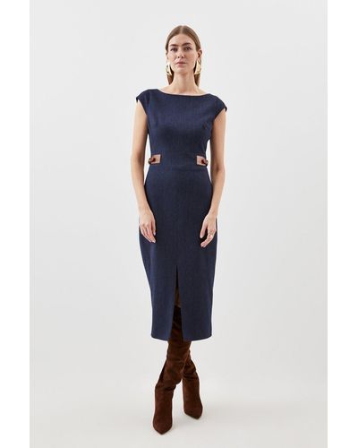 Karen Millen Tailored Denim Tab Detail Cap Sleeve Midi Pencil Dress - Blue