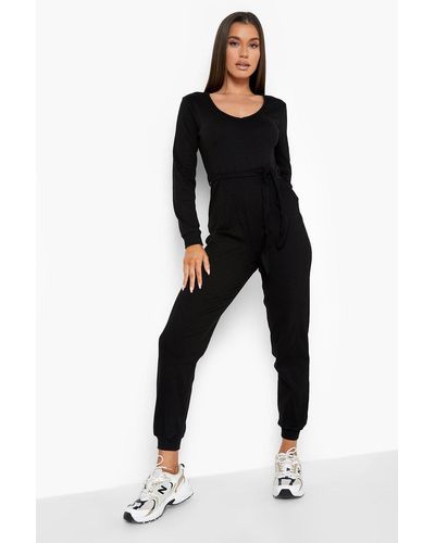 Boohoo Rib V Neck Belted Jumpsuit - Black