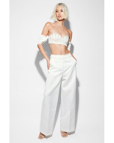 Nasty Gal Premium Pearl Embellished Tailored Trousers - White