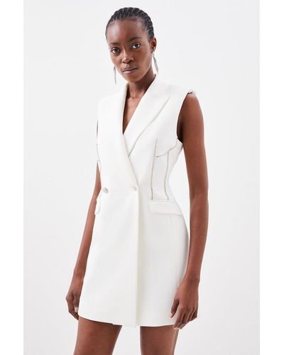 White Satin Oversized Diamante Trim Blazer Dress