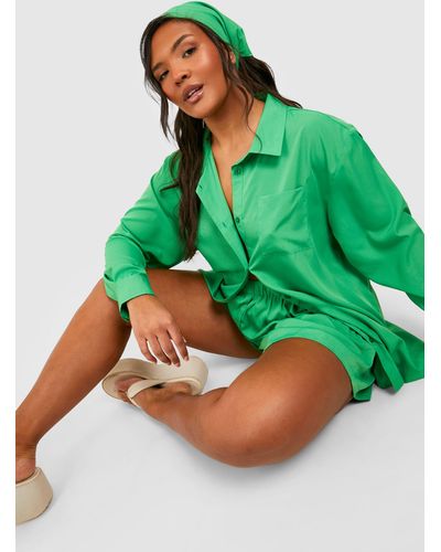Boohoo Plus Shirt & Shorts Two-piece With Headscarf - Green
