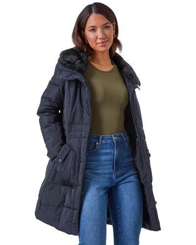 Roman Faux Fur Collar Quilted Coat - Blue