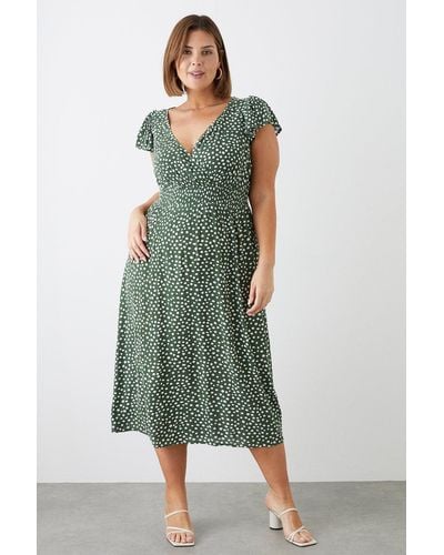 Dorothy Perkins Curve Khaki Spot Crinkle Shirred Waist Midi Dress - Green