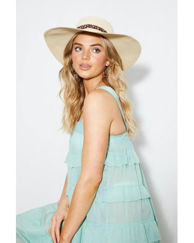 Dorothy Perkins Beige Straw Hat With Mono Printed Ribbon - Blue