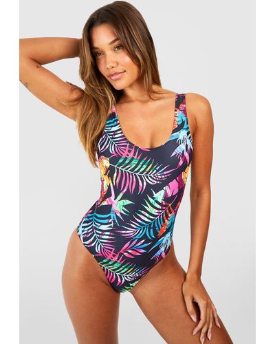 Boohoo Tropical Tummy Control Scoop Swimsuit - Blue