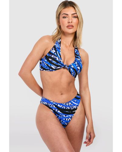 Boohoo Animal Halterneck Padded Bikini Set - Blue