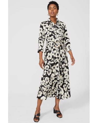 PRINCIPLES 3/4 Sleeve Printed D-ring Belted Shirt Dress - White