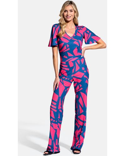 Hot Squash Straight Leg Jumpsuit With V-neck And Flare Sleeves - Blue