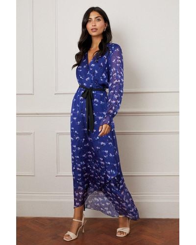 Wallis Tall Silk Mix Floral Wrap Midi Dress - Blue