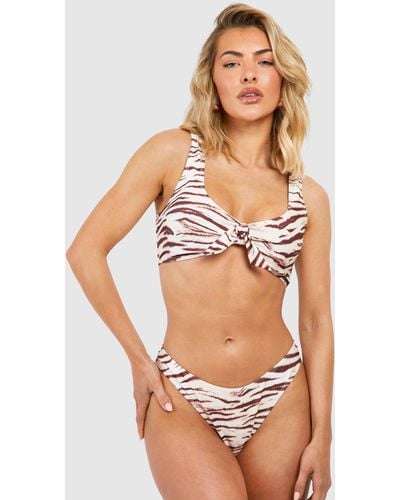 Boohoo Tiger Tie Plunge Bikini Top - Natural