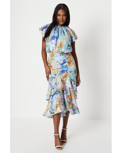 Coast Georgette Jacquard Midi Dress With Ruched Skirt - Blue