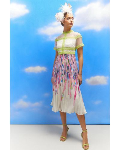 Coast Lisa Tan Lace Top Pleat Skirt Printed Midi Dress - Blue