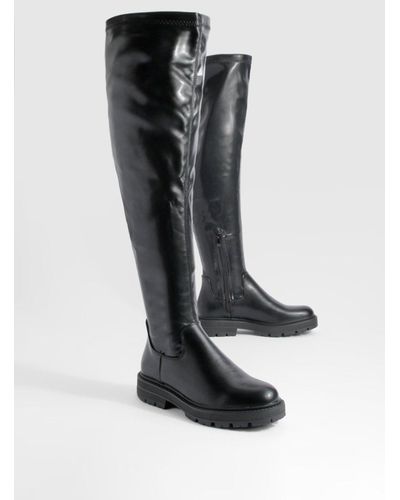 Boohoo Stretch Chunky Over The Knee Boots - Black